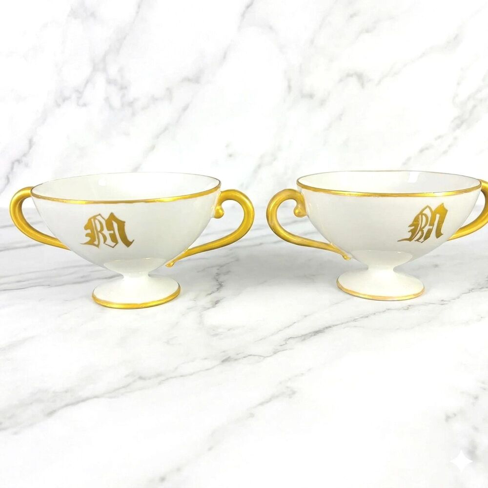 Antique Carl Tielsch (C.T.) Altwasser Monogrammed Bouillon Cups Germany Silesia